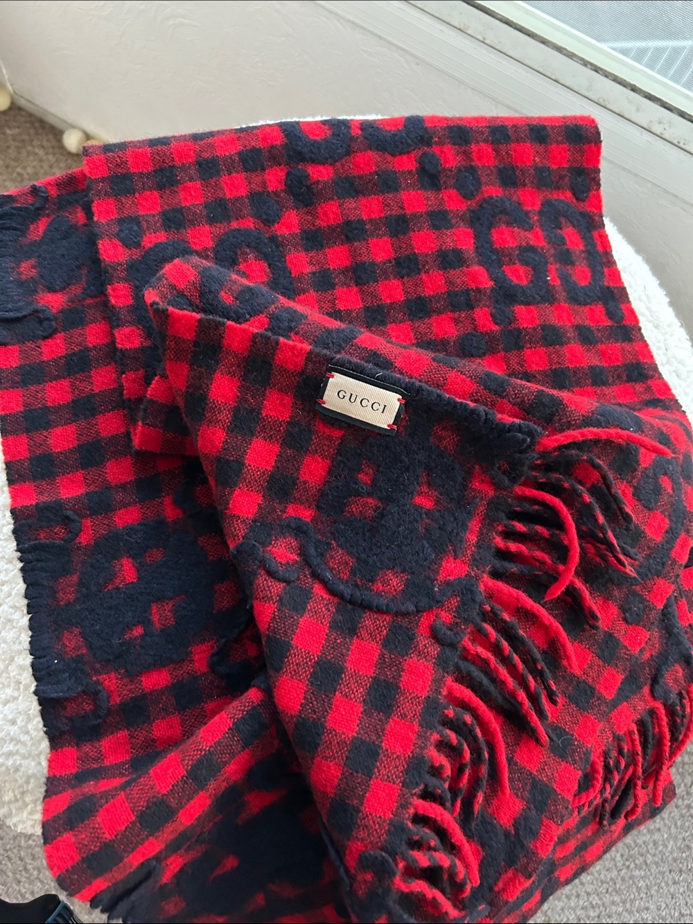 Gucci Red and Black Checked Logo Wool Scarf